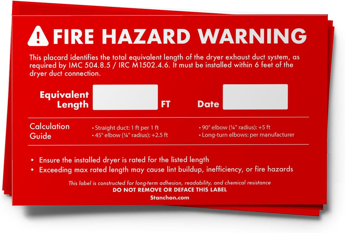 4-Pack Dryer Duct Length Safety Labels, IMC/IRC Code Compliant, 3