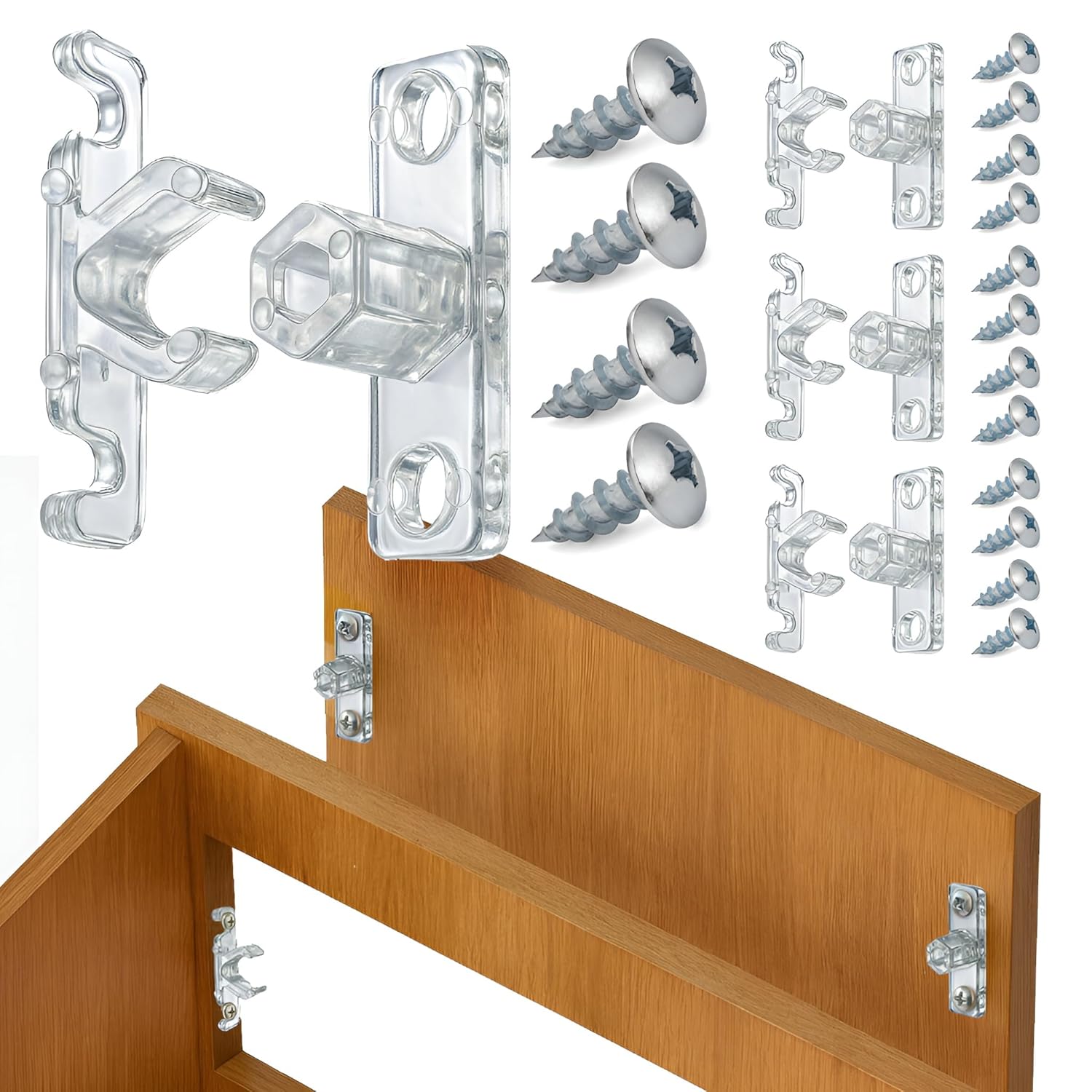 2-Piece Clear False Front Cabinet Clips, 4 Sets (4 pegs, 4 clips, 16 mounting screws)
