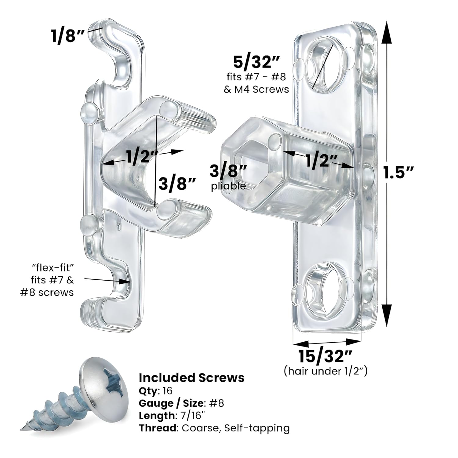 2-Piece Clear False Front Cabinet Clips, 4 Sets (4 pegs, 4 clips, 16 mounting screws)
